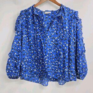 Ulla Johnson Blouse Women's Size 10 Blue Cotton Silk Floral Balloon Sleeve Top